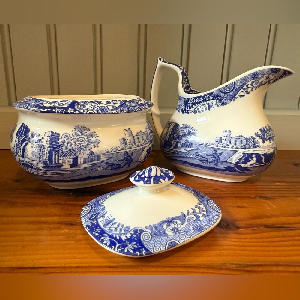 Spode Blue Italian Sugar Box and Cream Jug Set Earth wear. Sugar and creamer - Picture 6 of 7